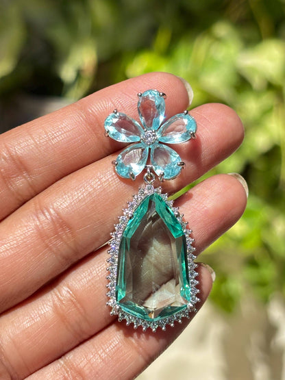 Aquamarine Diamond Earrings Statement Large Flower Shape Long Teal Sapphire Aqua Blue Designer Jewelry