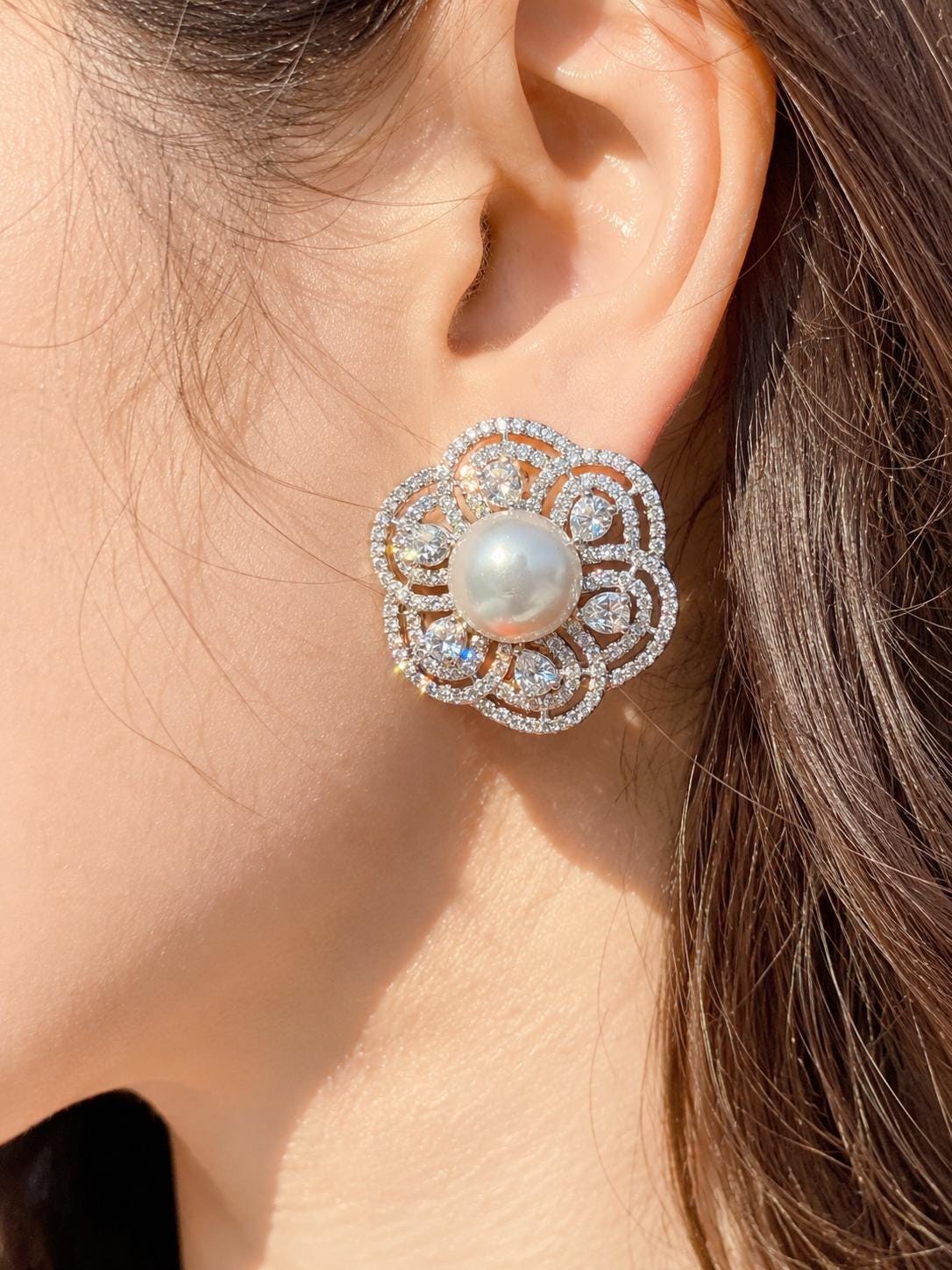 Large Pearl Stud Earrings Moissanite CZ Diamond Cubic Zirconia Big Huge Bride Wedding Gift