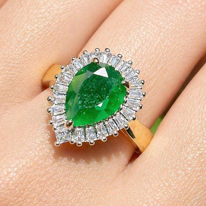 Emerald Diamond Ring Pearl Shape Stone Statement Moissanite Engagement Green Gold Plated Jewelry Gift