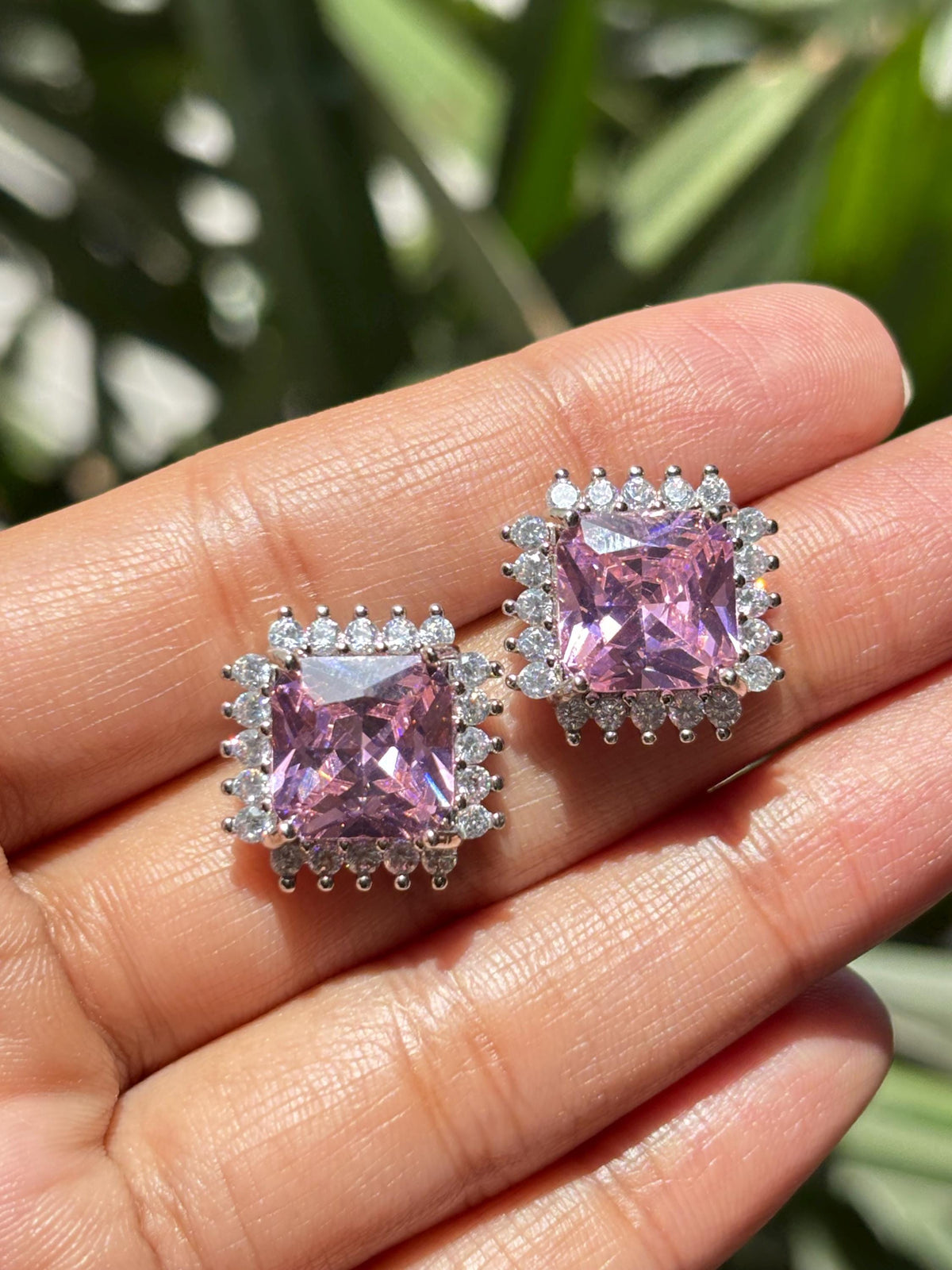 Pink Diamond Earrings Statement Small Studs Cubic Zirconia Moissanite CZ Pink Stone Jewelry Everyday