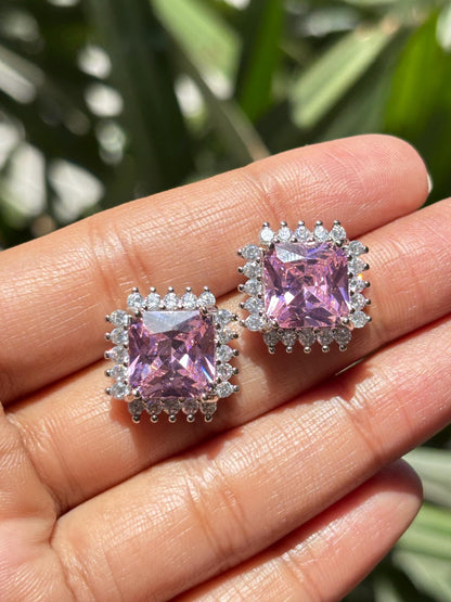 Pink Diamond Earrings Statement Small Studs Cubic Zirconia Moissanite CZ Pink Stone Jewelry Everyday