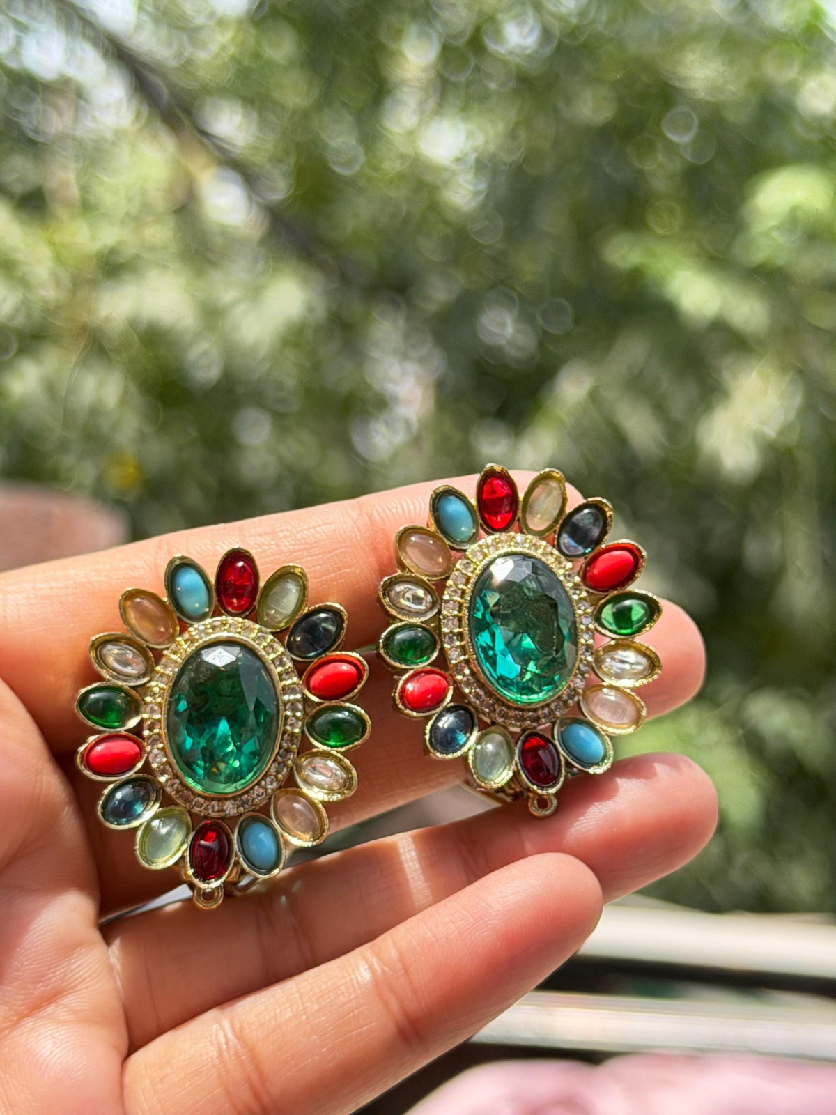 Large Studs Multicolor Earrings Statement Teal Sapphire Moissanite Mix Stone Oval Shape Designer Jewelry