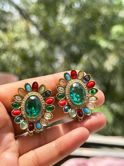 Large Studs Multicolor Earrings Statement Teal Sapphire Moissanite Mix Stone Oval Shape Designer Jewelry