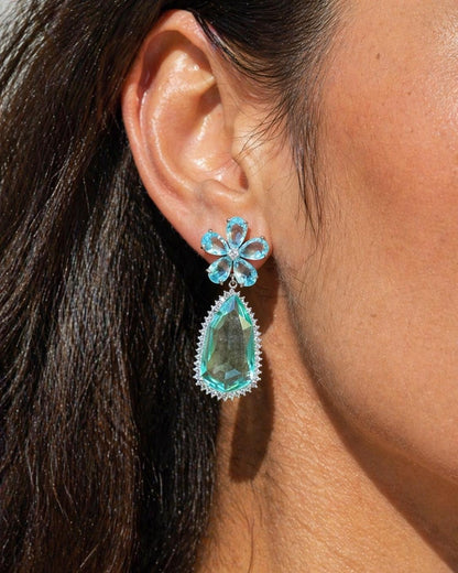 Aquamarine Diamond Earrings Statement Large Flower Shape Long Teal Sapphire Aqua Blue Designer Jewelry