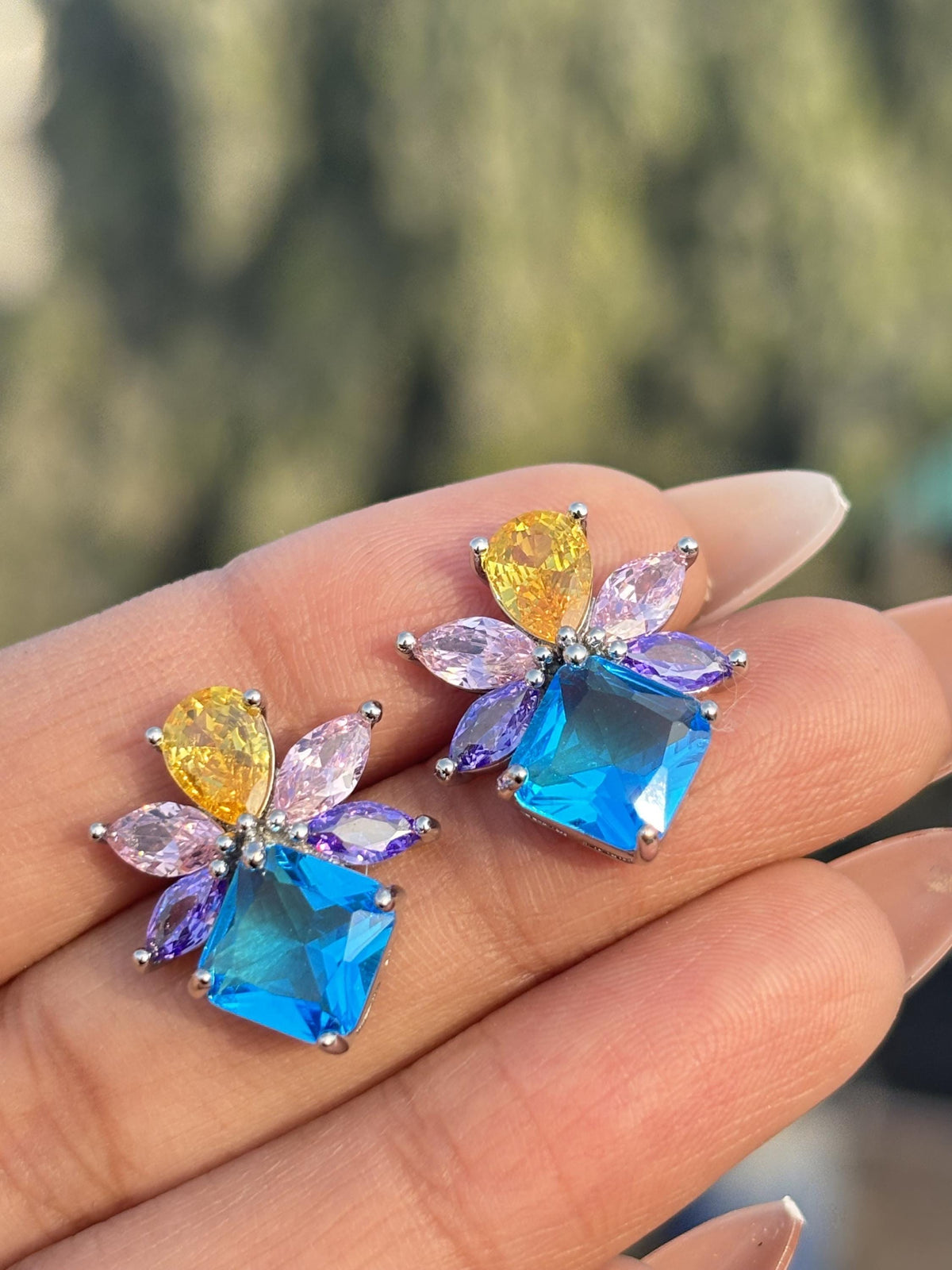 Aquamarine Earrings Multicolor Statement Studs Aqua Blue CZ Moissanite Diamond Colorful Stone Jewelry Gift
