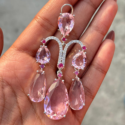 Pink Chandelier Earrings Moissanite Statement Teardrop Shape Pink Sapphire Large Dangle CZ Wedding Jewelry
