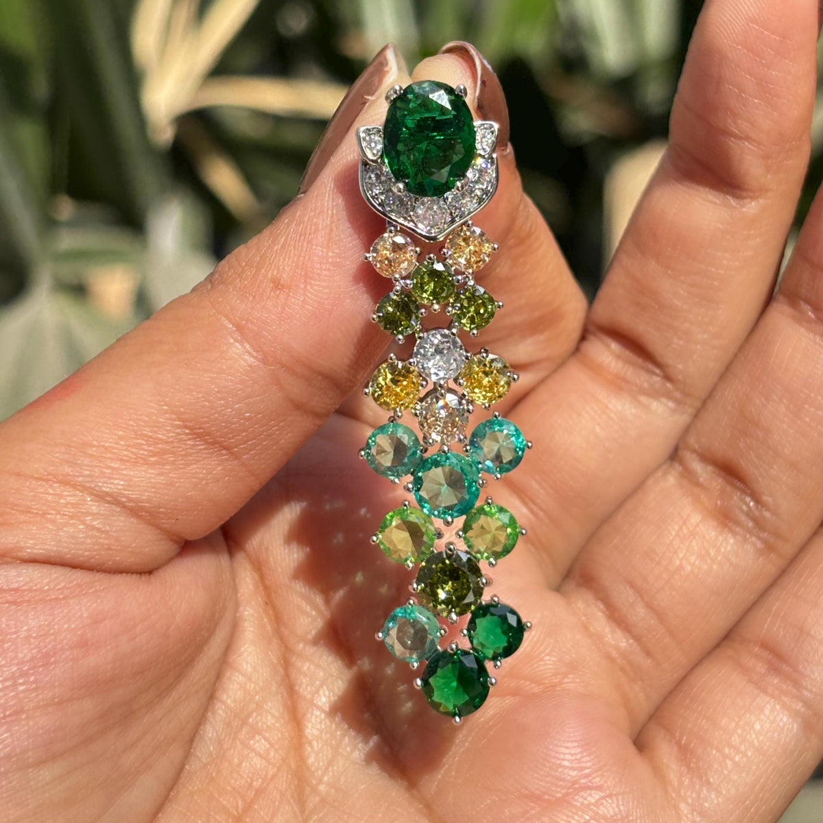 Emerald Diamond Earrings Teal Statement Long Dangle Chandelier Moissanite Multi Green Stone Jewelry Wedding