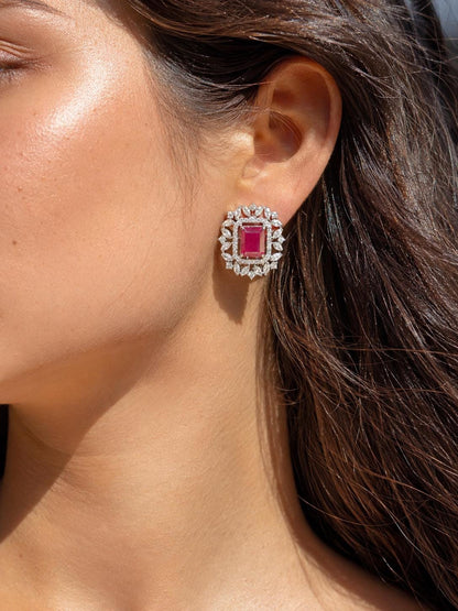 Ruby Diamond Earrings Large Statement Studs Pink Sapphire Jewelry Big Stone Huge Studs Cocktail