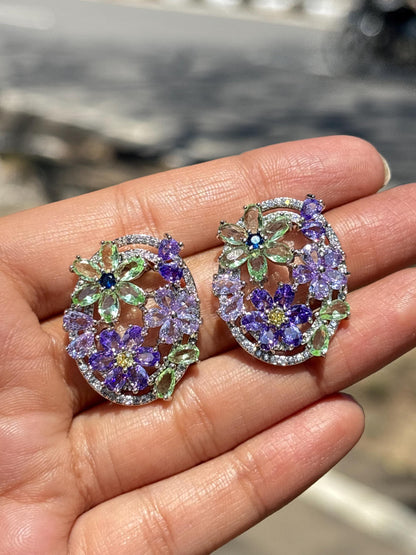 Large Purple Diamond Earrings Green Statement Studs Big Multicolor Mix Stone Lavender Stone Jewelry