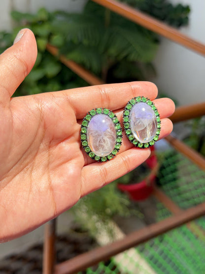 Large Purple Stone Earrings Green Diamond Statement Studs Oval Shape Designer Oversized Studs CZ
