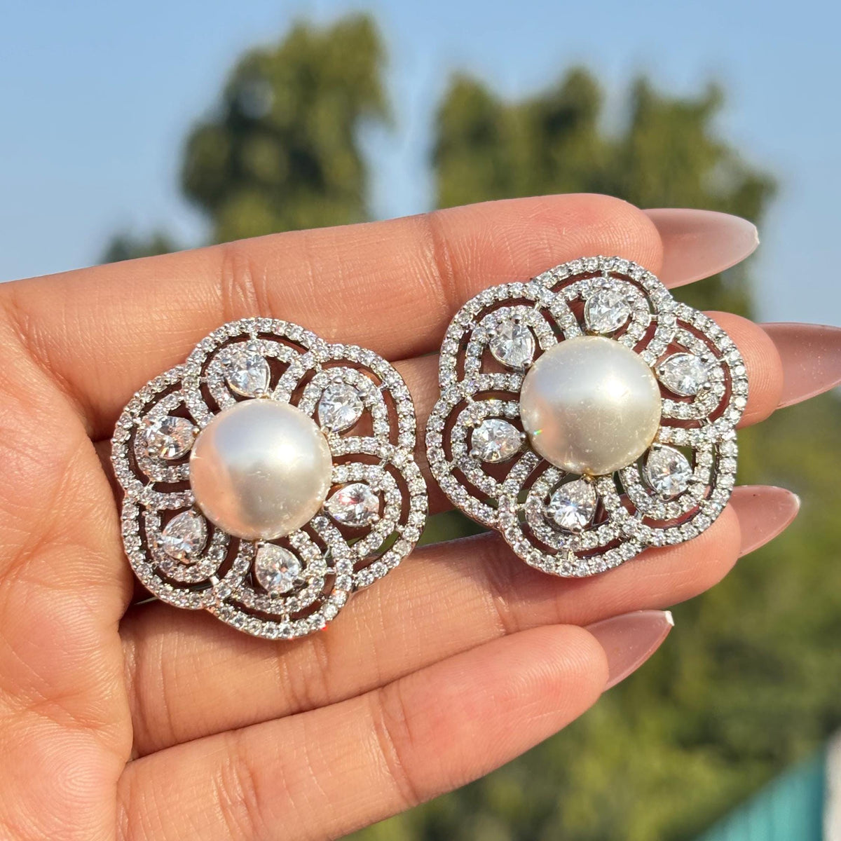 Large Pearl Stud Earrings Moissanite CZ Diamond Cubic Zirconia Big Huge Bride Wedding Gift