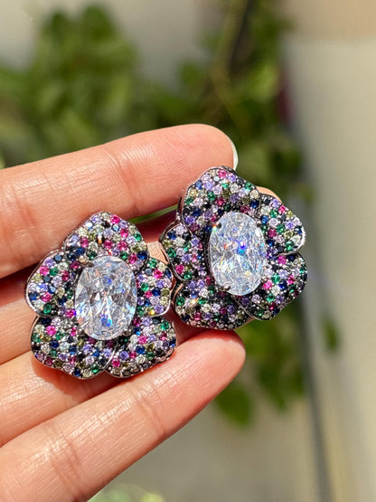Multicolor Earrings Large Statement Studs Multi Stone CZ Moissanite Diamond Big Cocktail Designer Jewelry