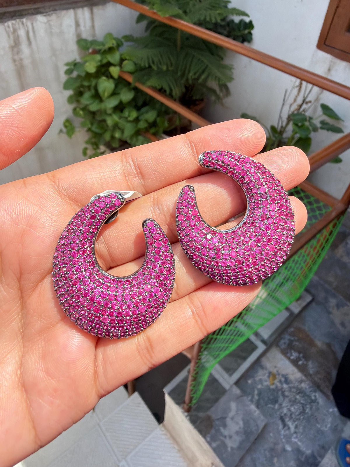 Ruby Diamond Earrings Large Statement Studs Pink Sapphire Pave Setting Designer Bride Wedding Jewelry