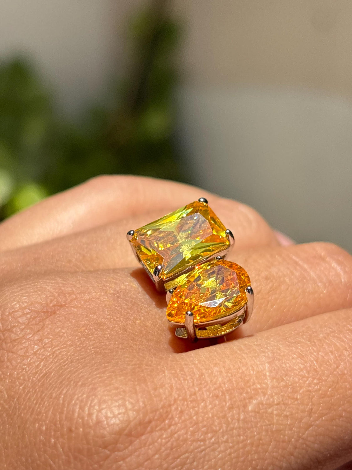 Yellow Diamond Ring Canary Moissanite Large Cocktail Two Stone Statement Jewelry Yellow Sapphire Rings