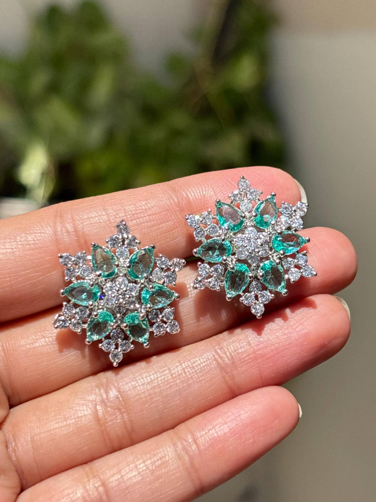 Mint Diamond Earrings Statement Studs Large Flower Shape Light Mint Sapphire Green Moissanite Jewelry