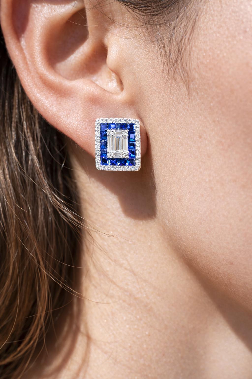 Sapphire Diamond Earrings Small Statement Studs Invisible Setting Moissanite Royal Blue Stone Jewelry Gift