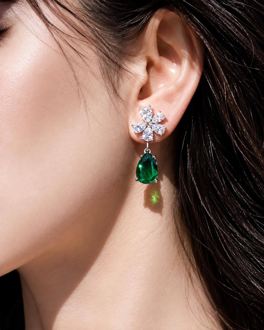 Emerald Earrings Dangle Drop Statement Moissanite CZ Green Diamond Jewelry Bride WEDDING Gift Her