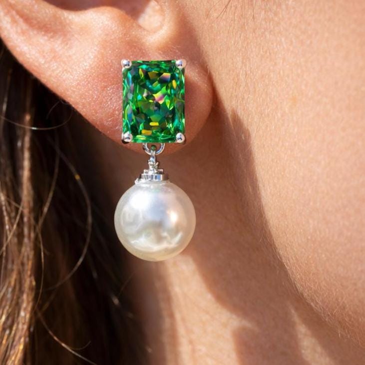 Vivid Green Diamond Earrings Statement Pearl Drop CZ Moissanite Light Green Stone Jewelry Wedding