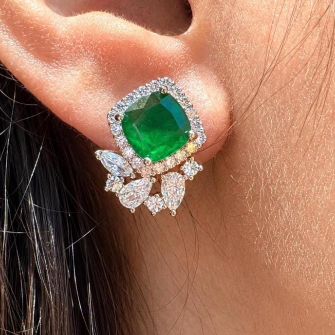 Green Paraiba Tourmaline Stud Earrings CZ Moissanite Emerald DOublet Stone Jewelry Everyday Gift Her