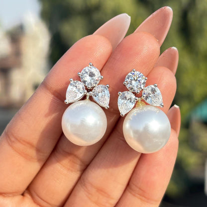 Large Pearl Drop Earrings Statements Moissanite Diamond CZ Bride Big Pearl Jewelry Wedding Gift