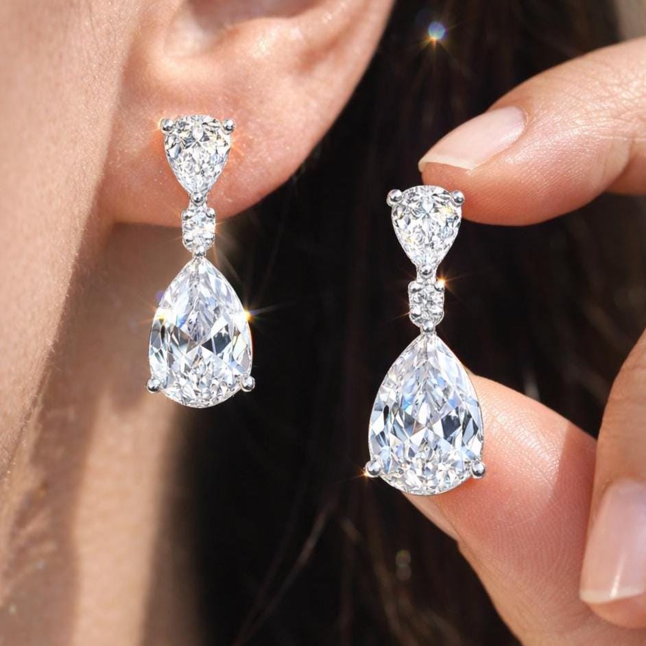 Moissanite Diamond Earrings Small Dangle Statement Teardrop Bride CZ Hangings Wedding Gift For Her