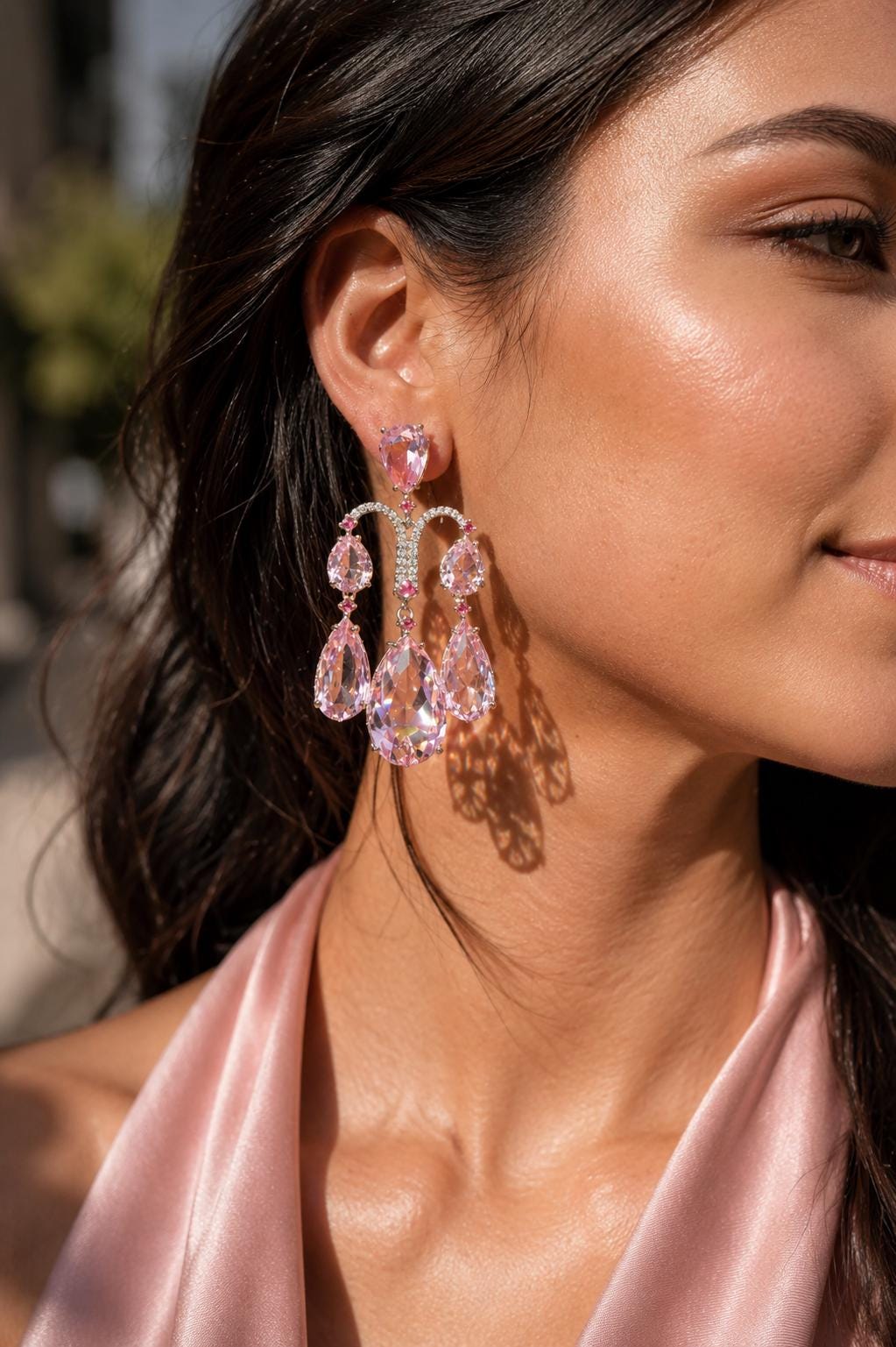 Pink Chandelier Earrings Moissanite Statement Teardrop Shape Pink Sapphire Large Dangle CZ Wedding Jewelry
