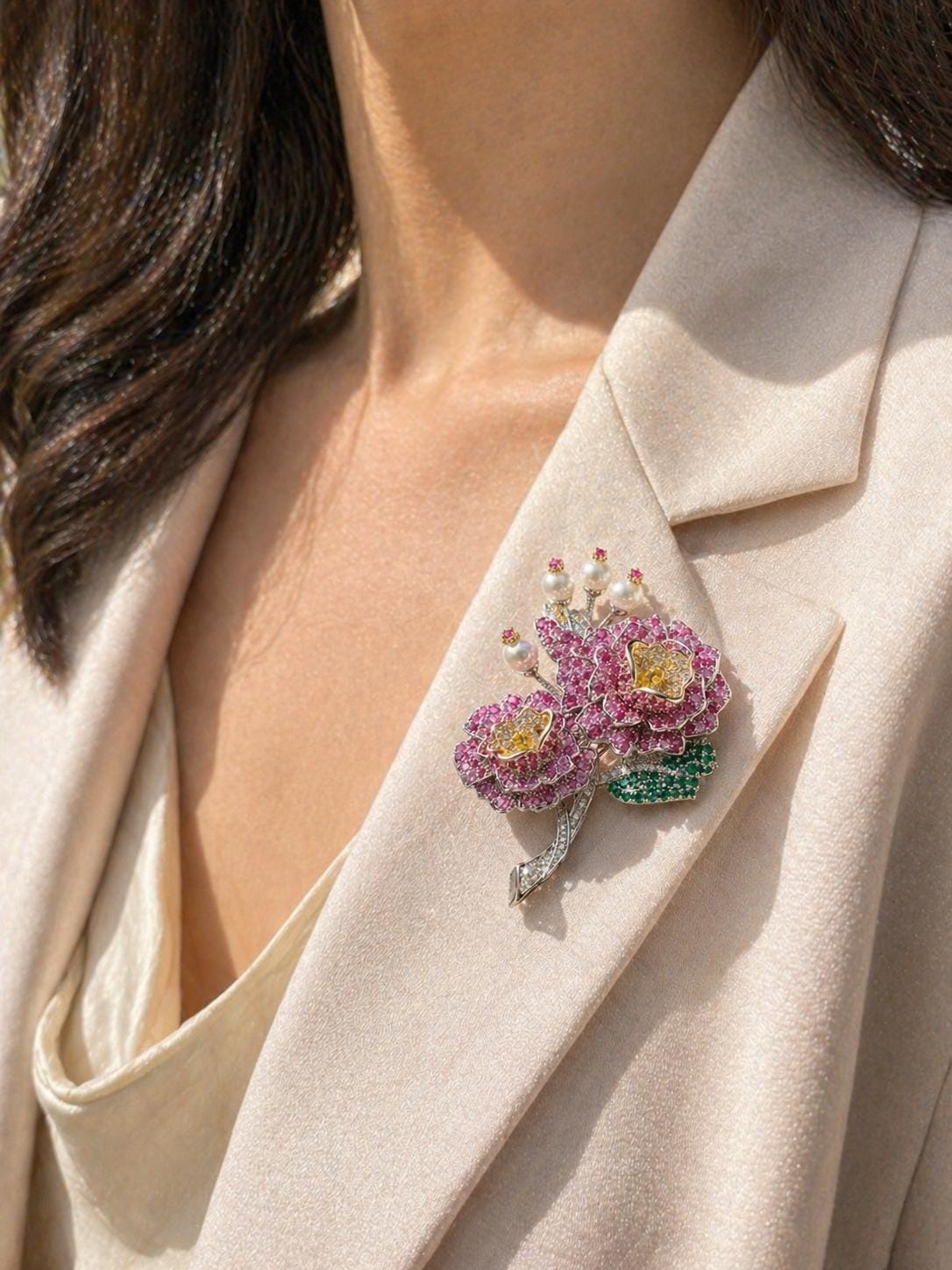 Large Flower Brooch Ruby Statement Pink Sapphire Cubic Zirconia Designer Brooch Moissanite Diamond Jewelry