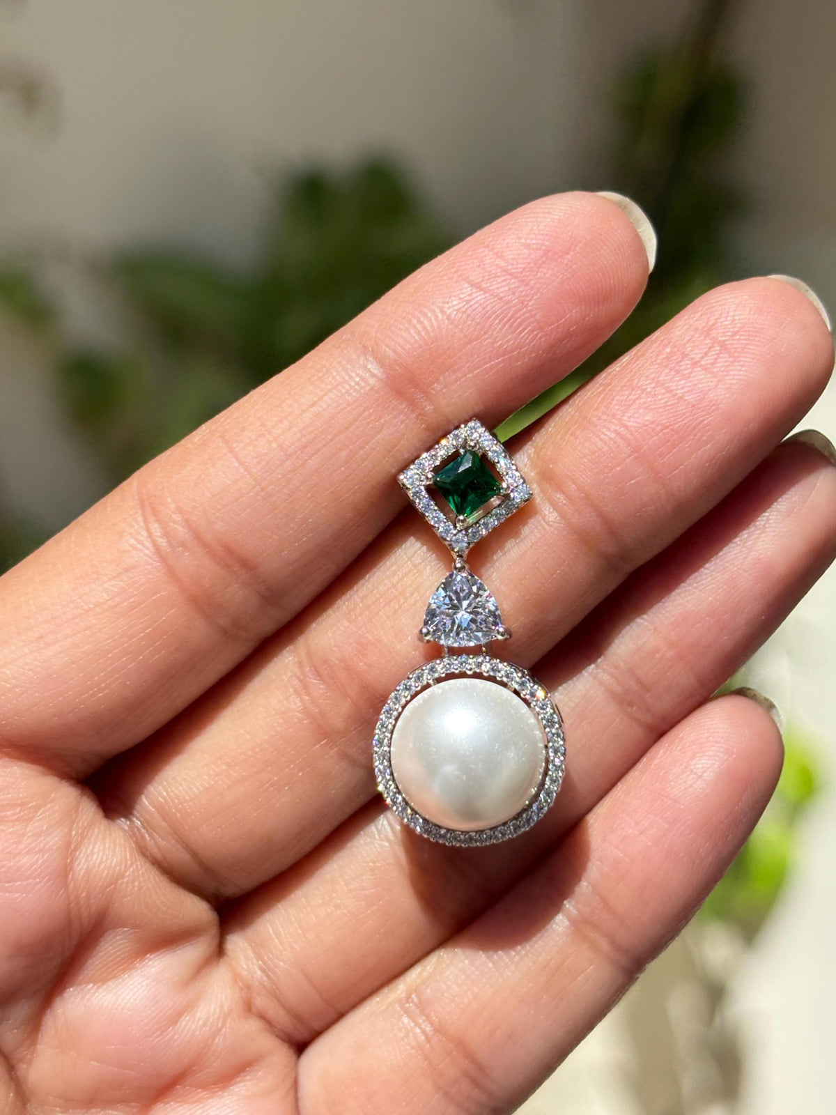 Pearl Emerald Earrings Moissanite Diamond Dangle Drop Statement Cubic Zirconia Green CZ Jewelry Wedding