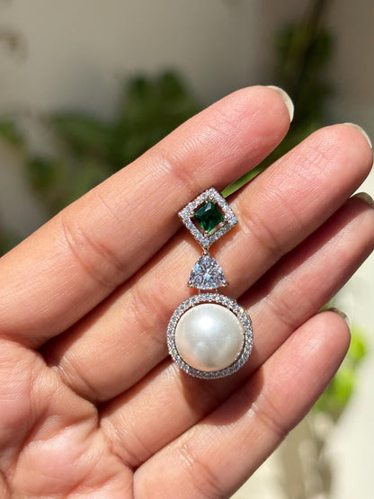 Pearl Emerald Earrings Moissanite Diamond Dangle Drop Statement Cubic Zirconia Green CZ Jewelry Wedding