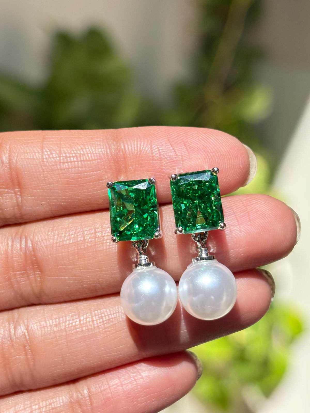 Vivid Green Diamond Earrings Statement Pearl Drop CZ Moissanite Light Green Stone Jewelry Wedding