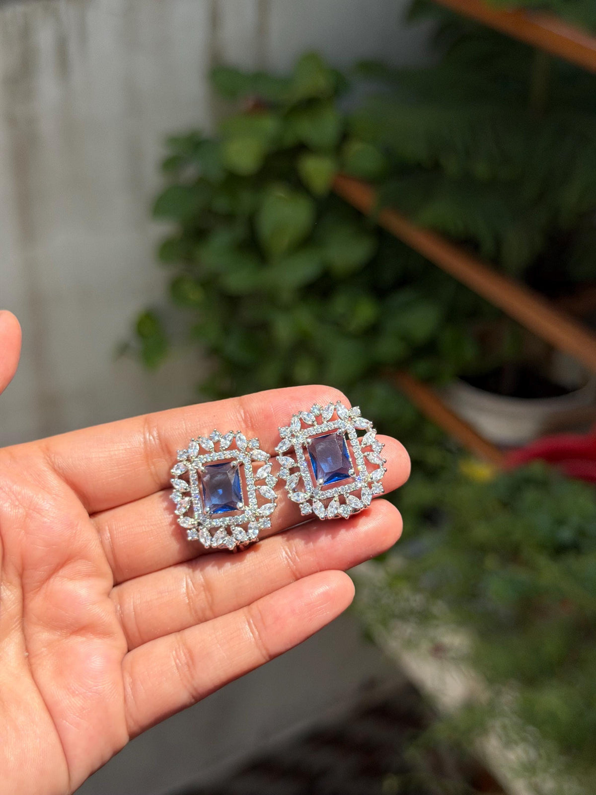 Sapphire Diamond Earrings Large Statement Studs Blue Stone CZ Cubic Zirconia Cocktail Jewelry Gift