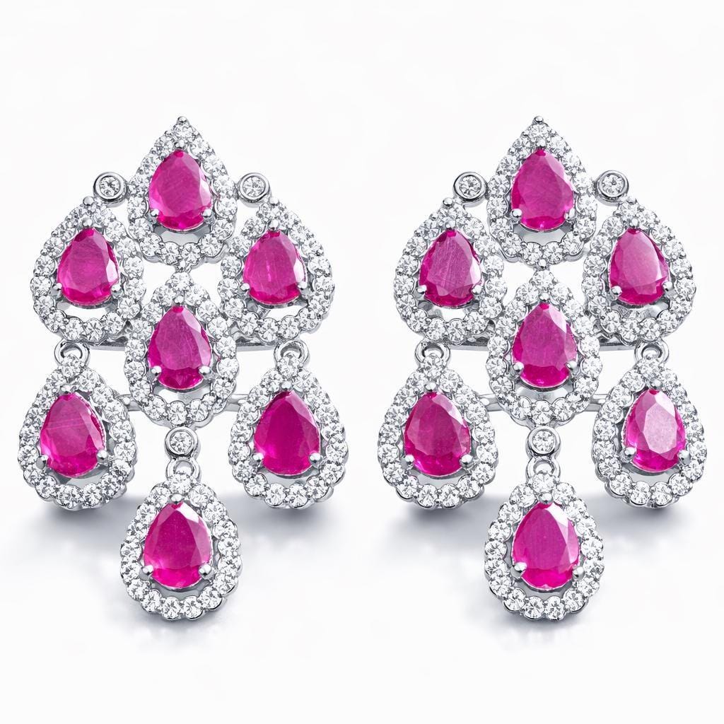 Large Ruby Diamond Earrings Chandelier Statement Teardrop CZ Moissanite Pink Sapphire Cocktail Party Jewelry