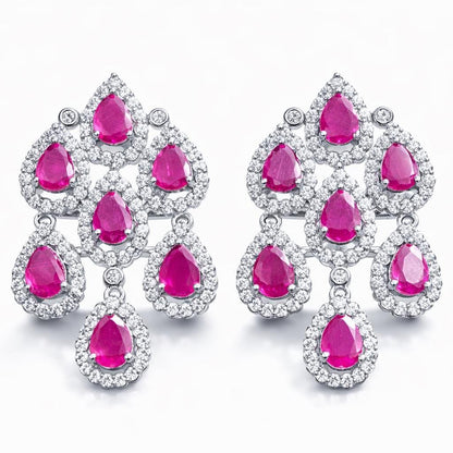 Large Ruby Diamond Earrings Chandelier Statement Teardrop CZ Moissanite Pink Sapphire Cocktail Party Jewelry