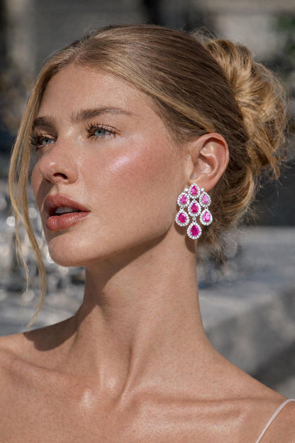 Large Ruby Diamond Earrings Chandelier Statement Teardrop CZ Moissanite Pink Sapphire Cocktail Party Jewelry