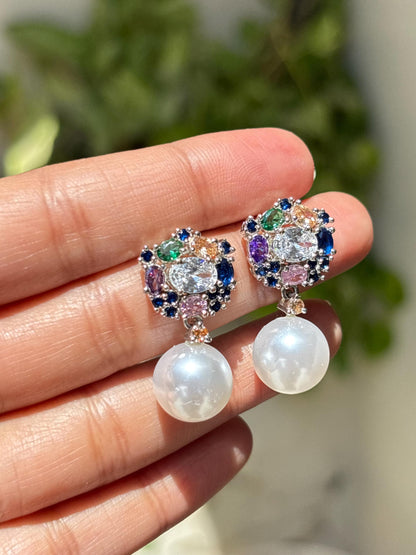 Multicolor Earrings Pearl Drop Statement Mix Stone Jewelry CZ Moissanite Cubic Zirconia Wedding Gift