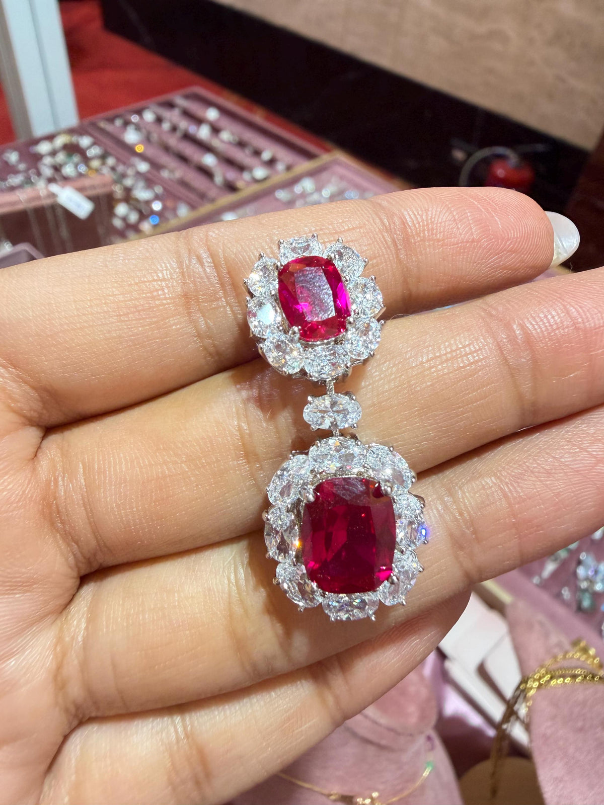 Ruby Diamond Earrings Chandelier Statement CZ Moissanite Red Sapphire Cocktail Party Jewelry Bride Wedding