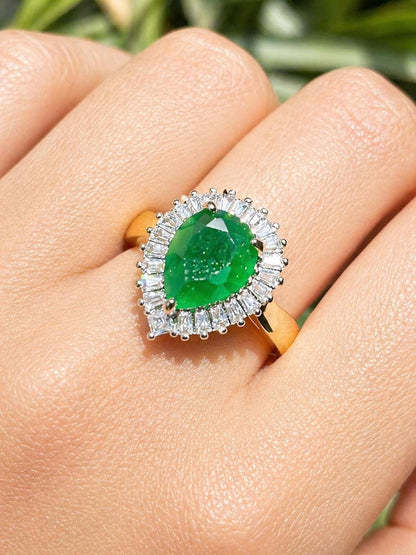 Emerald Diamond Ring Pearl Shape Stone Statement Moissanite Engagement Green Gold Plated Jewelry Gift
