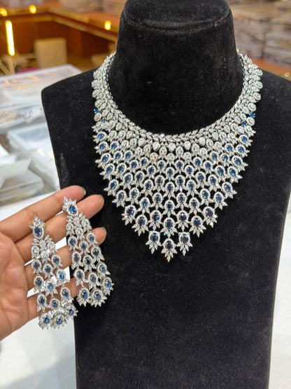 Sapphire Diamond Necklace Statement Indian Cubic Zirconia Blue Stone Jewelry American Diamond Bride Wedding