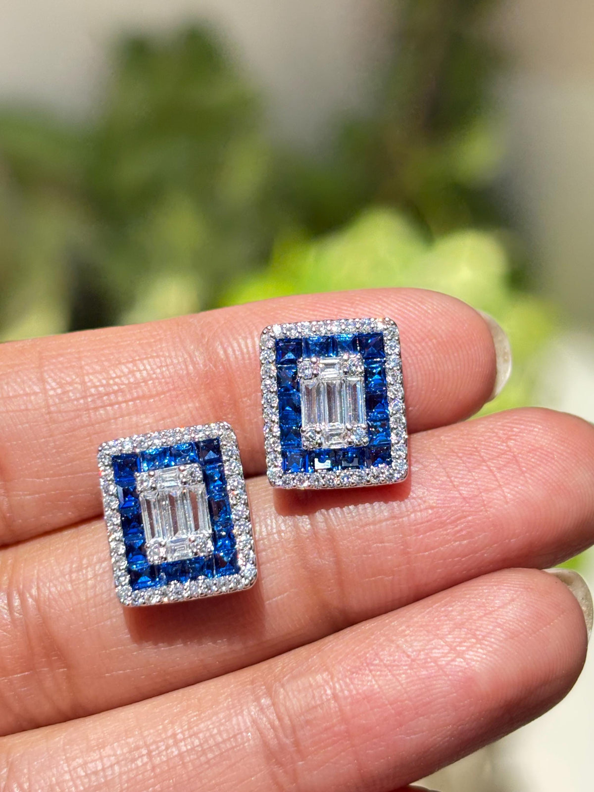 Sapphire Diamond Earrings Small Statement Studs Invisible Setting Moissanite Royal Blue Stone Jewelry Gift