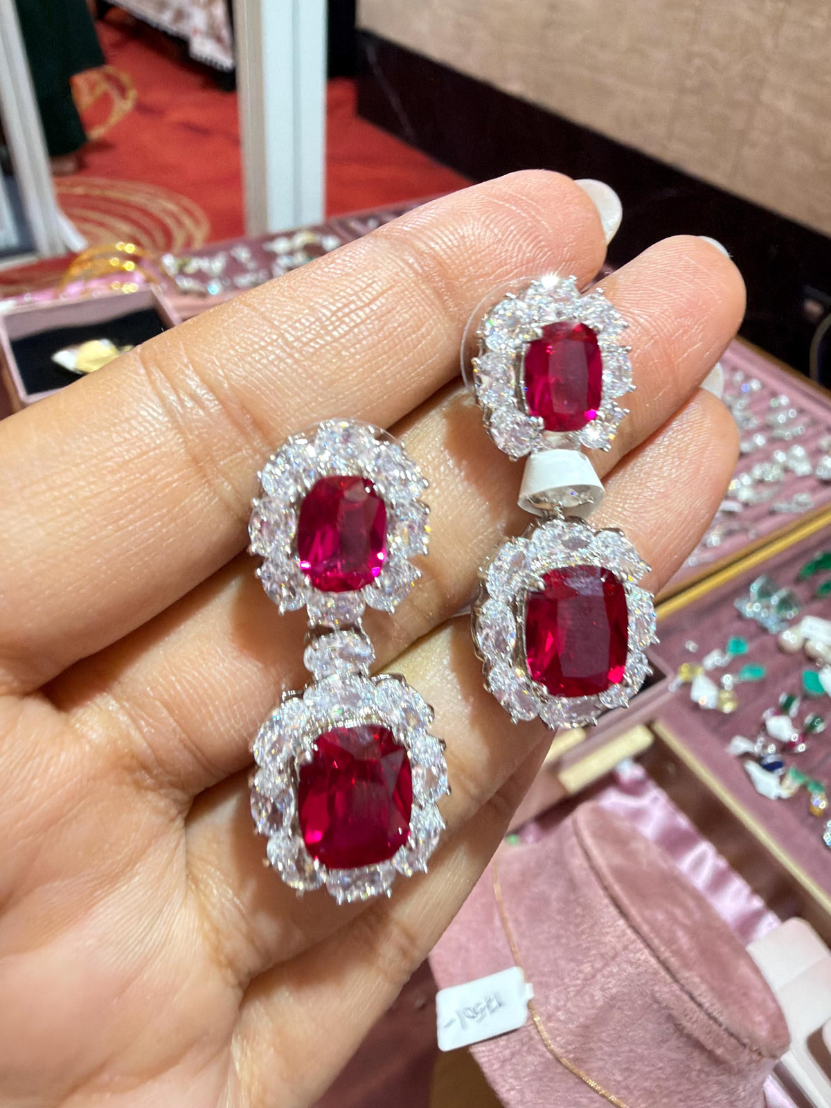 Ruby Diamond Earrings Chandelier Statement CZ Moissanite Red Sapphire Cocktail Party Jewelry Bride Wedding