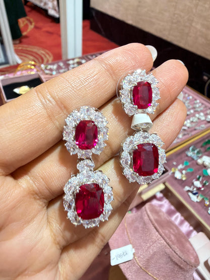Ruby Diamond Earrings Chandelier Statement CZ Moissanite Red Sapphire Cocktail Party Jewelry Bride Wedding