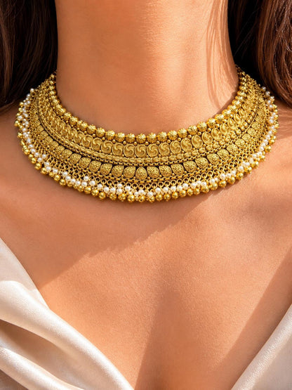 Antique Golden Indian Necklace Gold Plated Pearl Choker South Indian Bridal Jewelry Temple Set