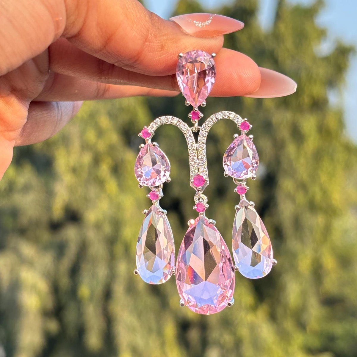 Pink Chandelier Earrings Moissanite Statement Teardrop Shape Pink Sapphire Large Dangle CZ Wedding Jewelry