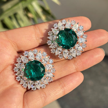 Teal Diamond Earrings Large Statement Studs Big Teal Green Stone Oversized Designer Jewelry Wedding