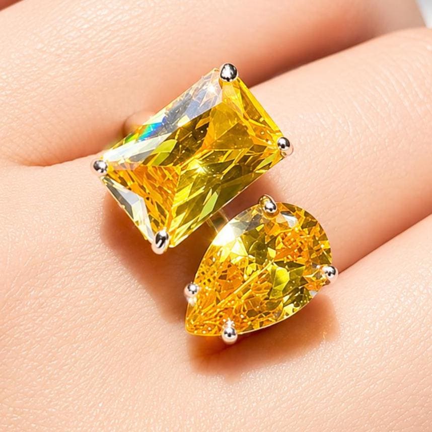 Yellow Diamond Ring Canary Moissanite Large Cocktail Two Stone Statement Jewelry Yellow Sapphire Rings