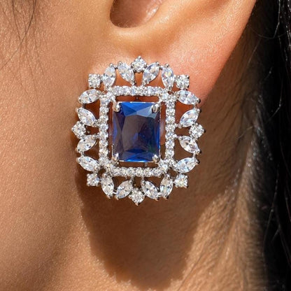 Sapphire Diamond Earrings Large Statement Studs Blue Stone CZ Cubic Zirconia Cocktail Jewelry Gift