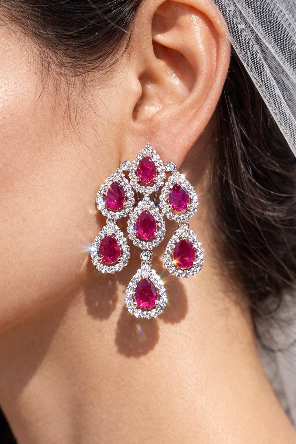 Large Ruby Diamond Earrings Chandelier Statement Teardrop CZ Moissanite Pink Sapphire Cocktail Party Jewelry