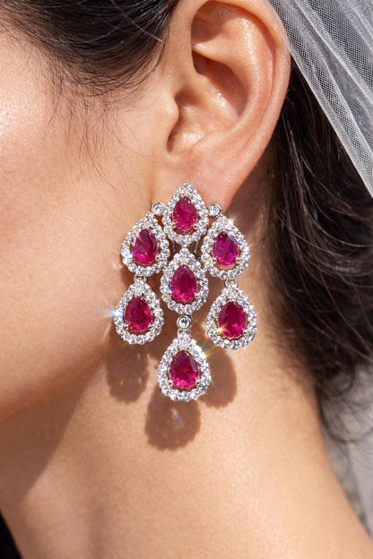 Large Ruby Diamond Earrings Chandelier Statement Teardrop CZ Moissanite Pink Sapphire Cocktail Party Jewelry