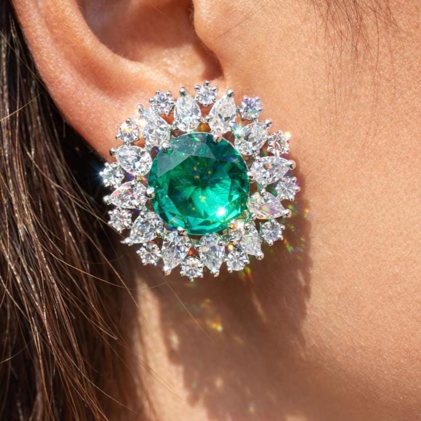 Teal Diamond Earrings Large Statement Studs Big Teal Green Stone Oversized Designer Jewelry Wedding
