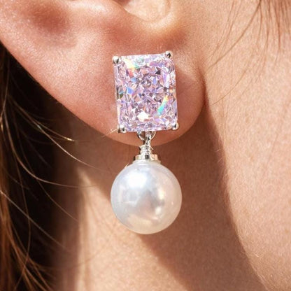 Pink Diamond Earrings Pearl Drop Statement Dangle Light Pink Sapphire Color Stone Jewelry Gift